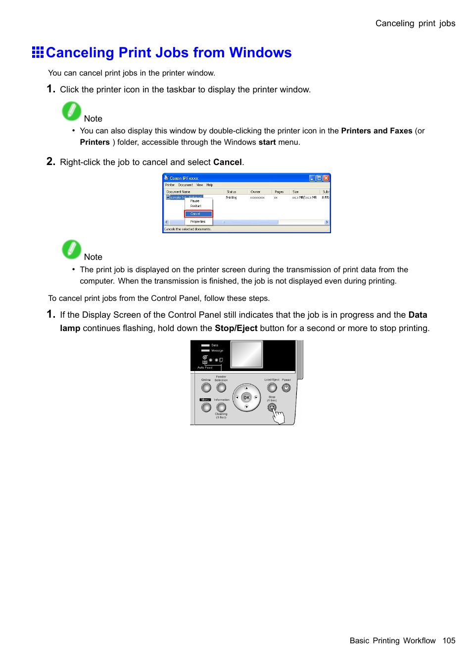 Canceling print jobs from windows | Canon imagePROGRAF iPF610 User Manual | Page 119 / 746