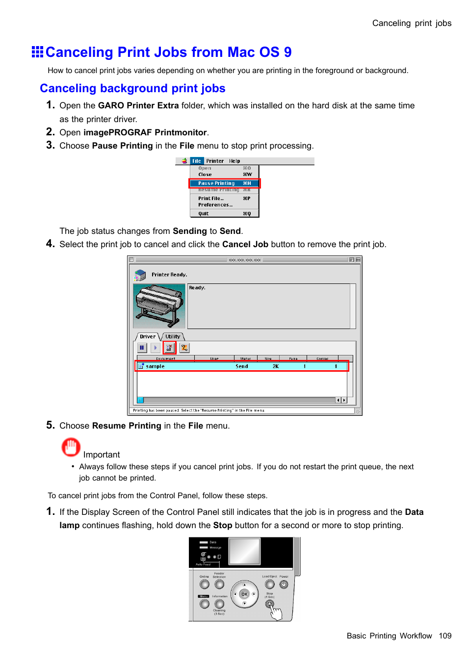 Canceling print jobs from mac os 9, Canceling background print jobs | Canon imagePROGRAF iPF610 User Manual | Page 123 / 746