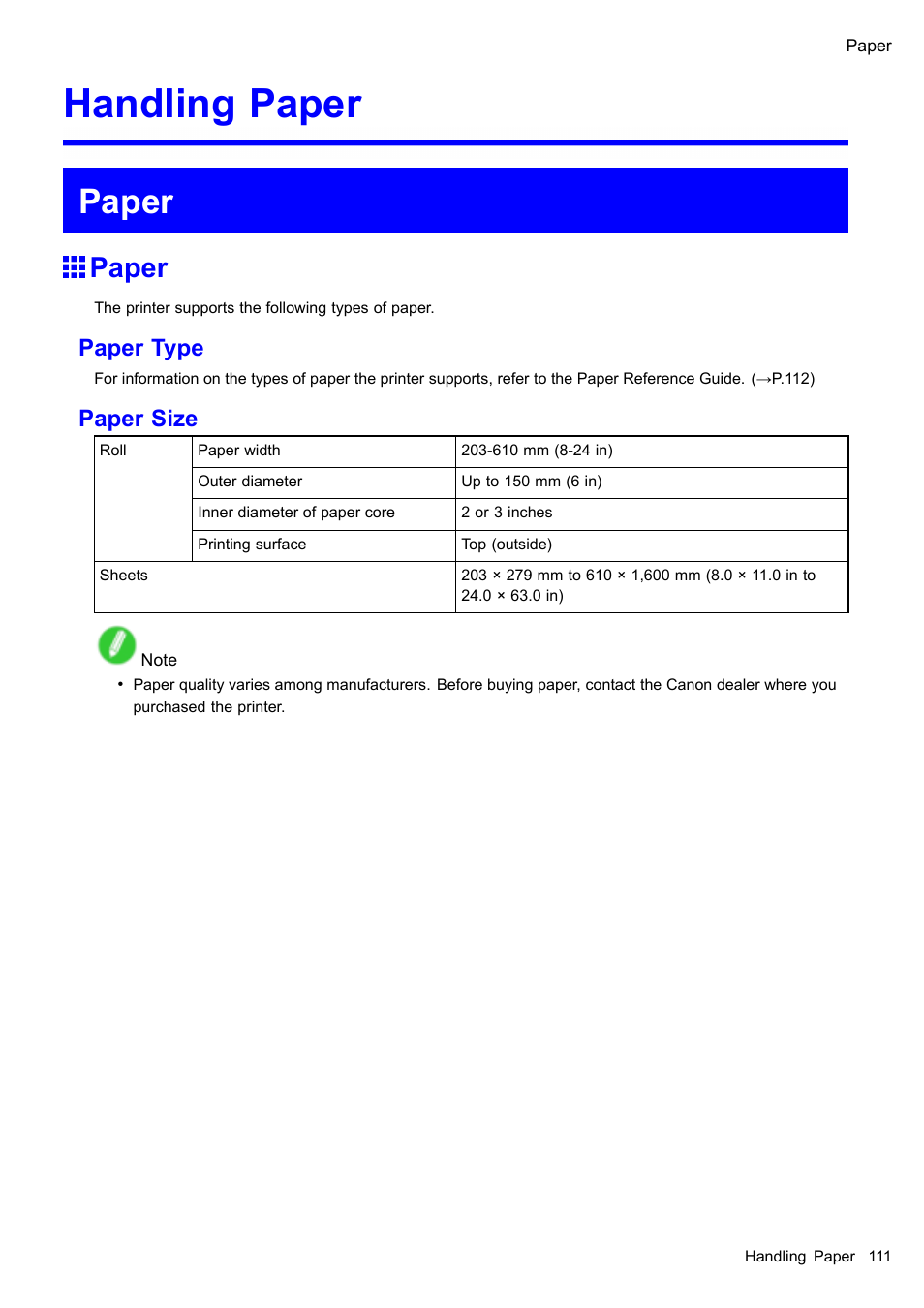 Handling paper, Paper, Paper type | Paper size | Canon imagePROGRAF iPF610 User Manual | Page 125 / 746