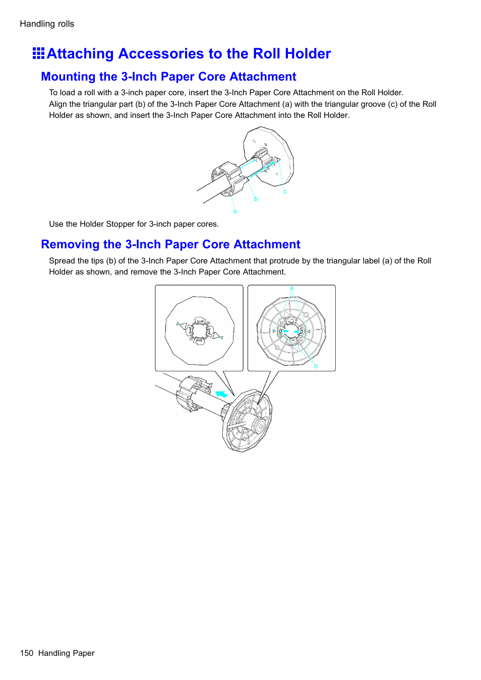 Attaching accessories to the roll holder, Mounting the 3-inch paper core attachment, Removing the 3-inch paper core attachment | Canon imagePROGRAF iPF610 User Manual | Page 164 / 746