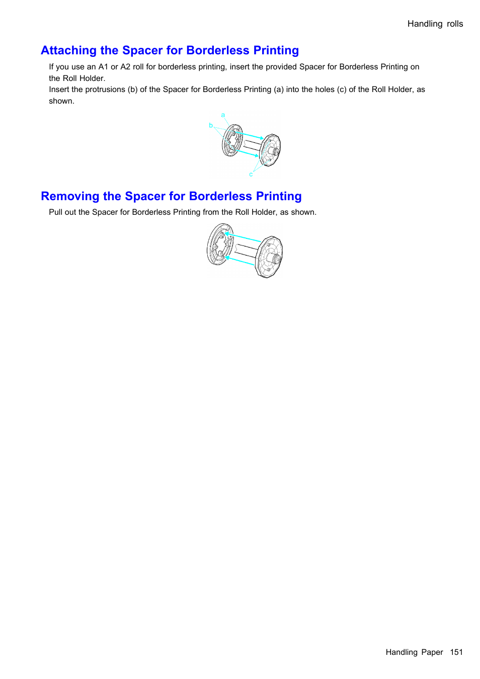 Attaching the spacer for borderless printing, Removing the spacer for borderless printing | Canon imagePROGRAF iPF610 User Manual | Page 165 / 746