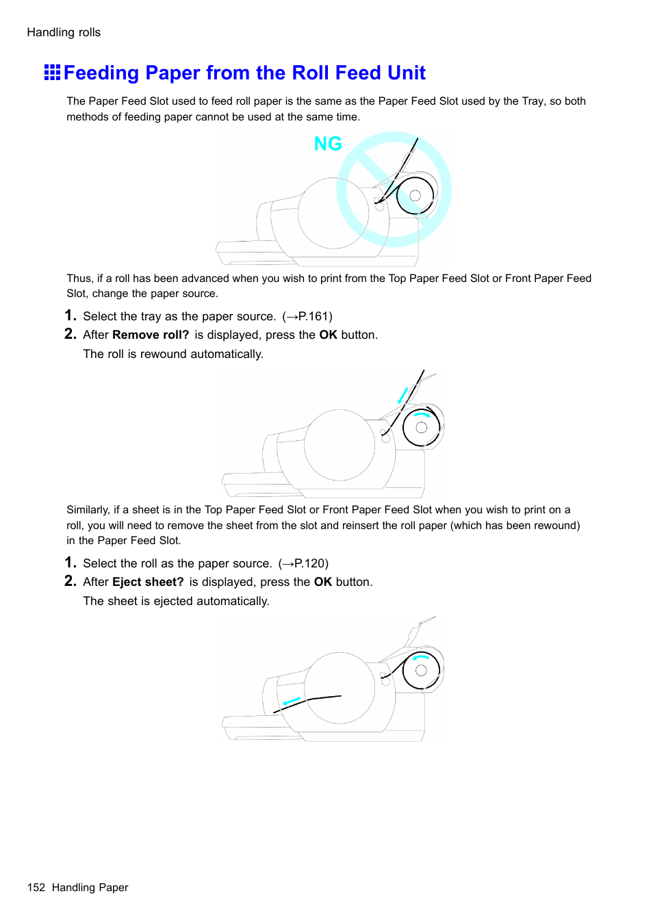 Feeding paper from the roll feed unit | Canon imagePROGRAF iPF610 User Manual | Page 166 / 746