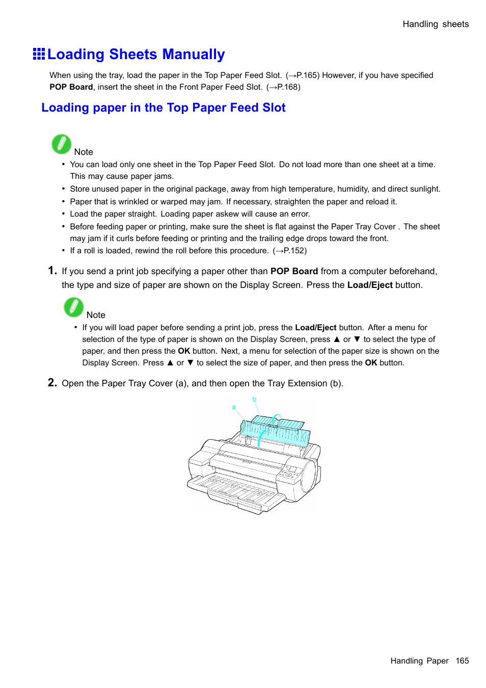 Loading sheets manually, Loading paper in the top paper feed slot | Canon imagePROGRAF iPF610 User Manual | Page 179 / 746