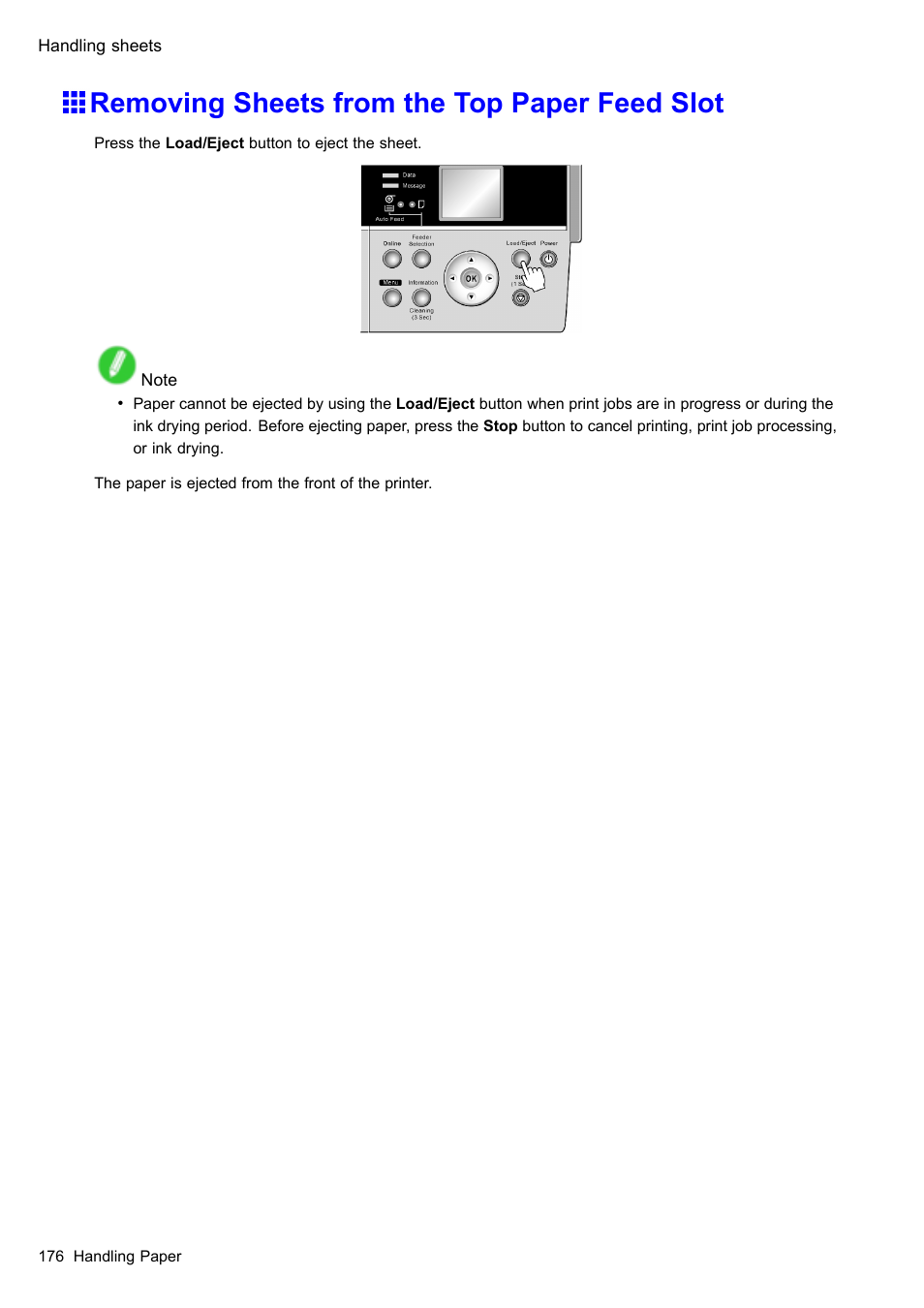 Removing sheets from the top paper feed slot | Canon imagePROGRAF iPF610 User Manual | Page 190 / 746