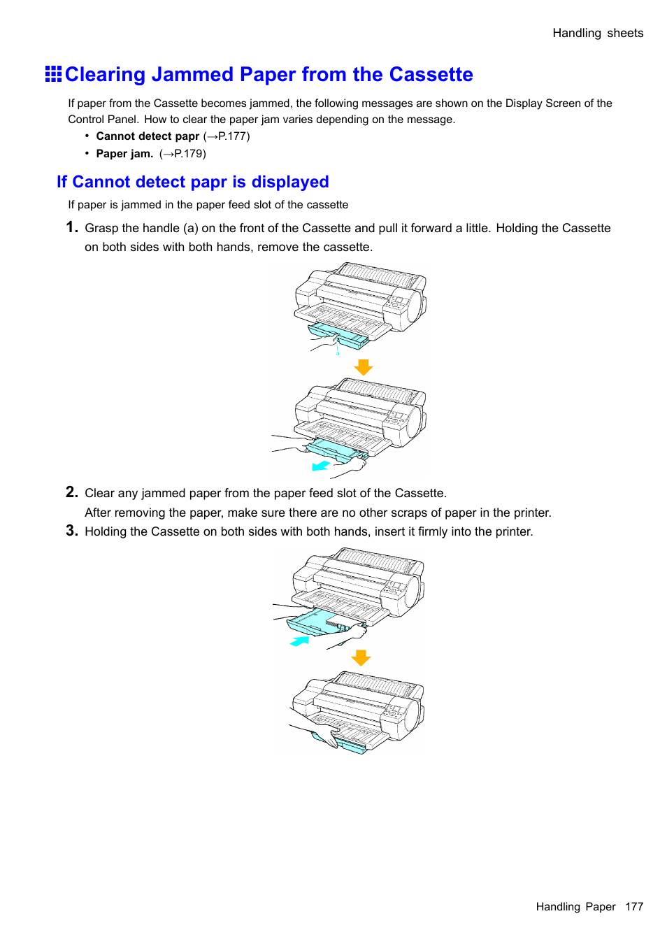 Clearing jammed paper from the cassette, If cannot detect papr is displayed | Canon imagePROGRAF iPF610 User Manual | Page 191 / 746