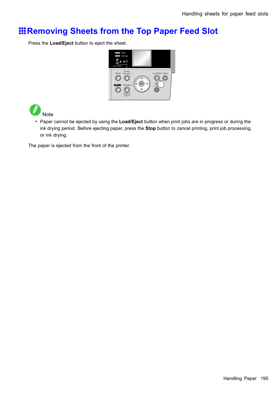 Removing sheets from the top paper feed slot | Canon imagePROGRAF iPF610 User Manual | Page 209 / 746