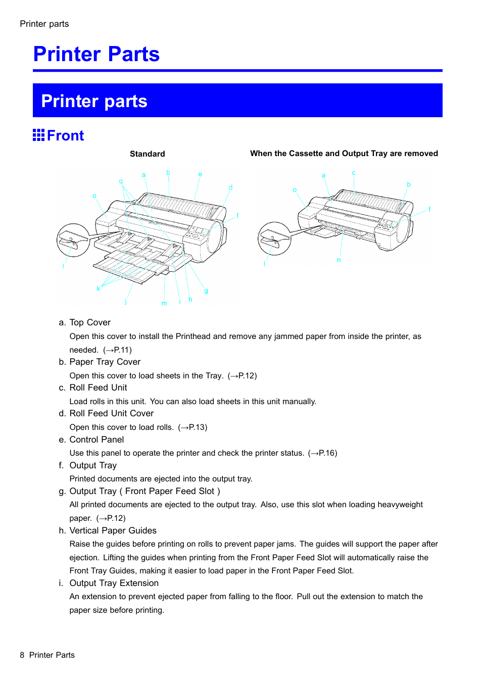 Printer parts, Front | Canon imagePROGRAF iPF610 User Manual | Page 22 / 746