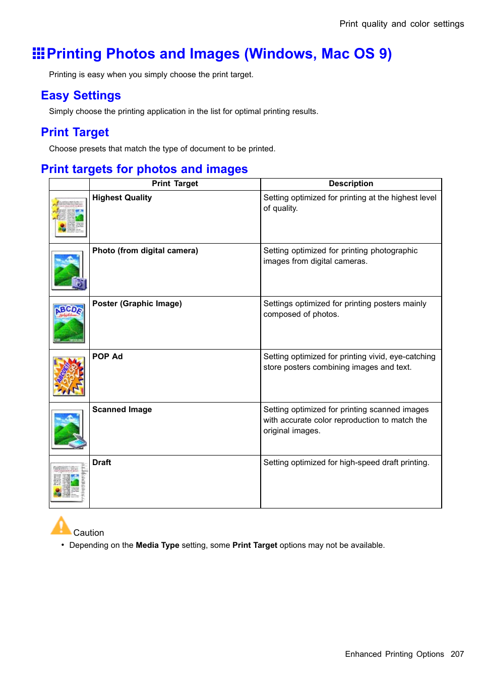 Printing photos and images (windows, mac os 9), Easy settings, Print target | Print targets for photos and images | Canon imagePROGRAF iPF610 User Manual | Page 221 / 746
