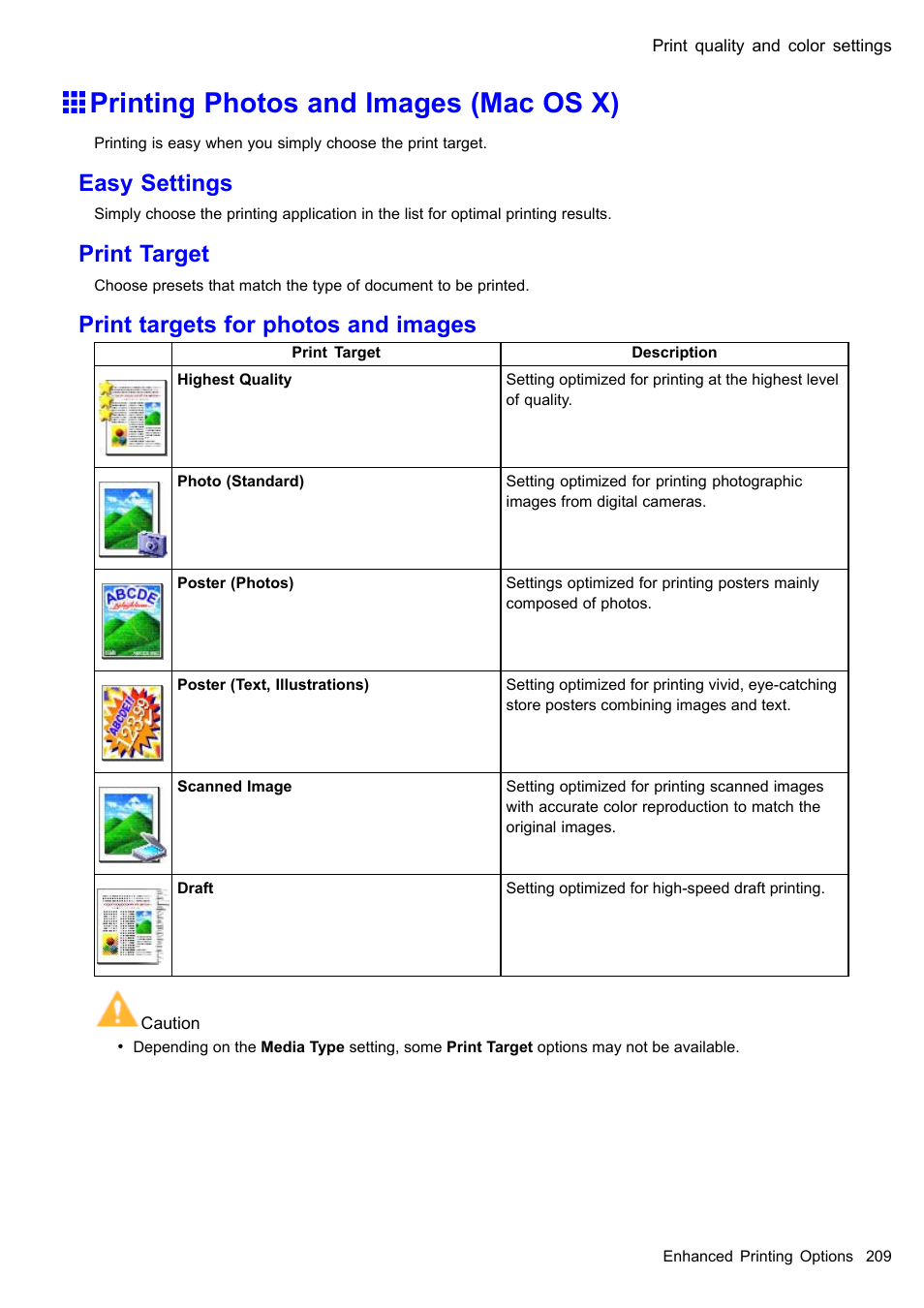Printing photos and images (mac os x), Easy settings, Print target | Print targets for photos and images | Canon imagePROGRAF iPF610 User Manual | Page 223 / 746