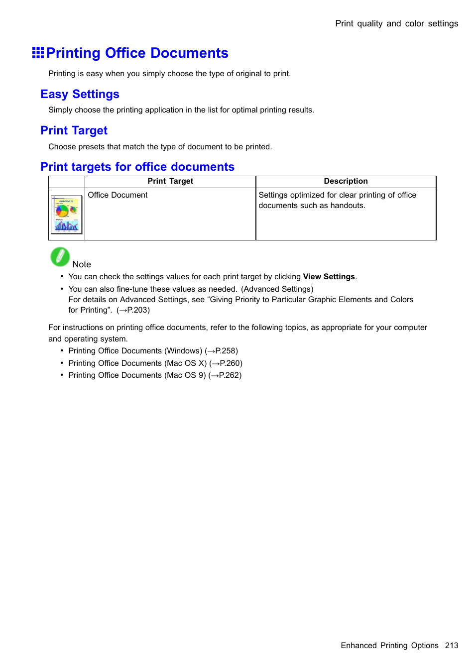 Printing office documents, Printing ofce documents, Easy settings | Print target, Print targets for ofce documents | Canon imagePROGRAF iPF610 User Manual | Page 227 / 746