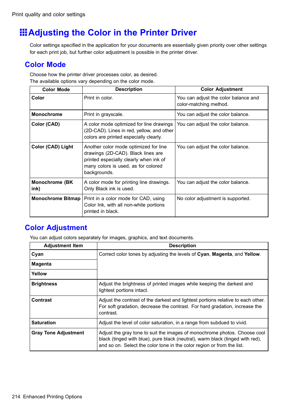 Adjusting the color in the printer driver, Color mode, Color adjustment | Canon imagePROGRAF iPF610 User Manual | Page 228 / 746