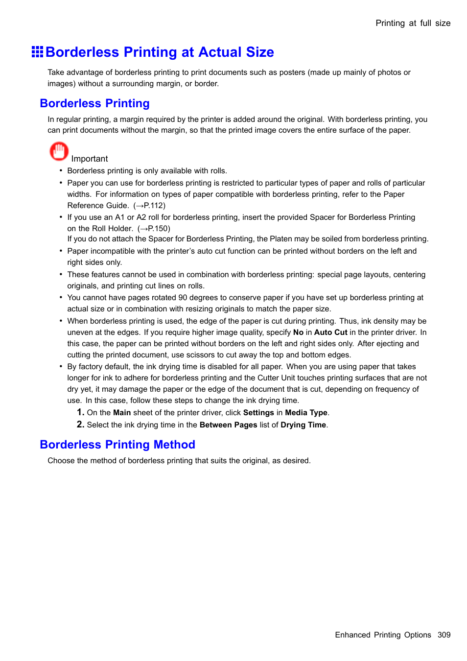 Borderless printing at actual size, Borderless printing, Borderless printing method | Canon imagePROGRAF iPF610 User Manual | Page 323 / 746
