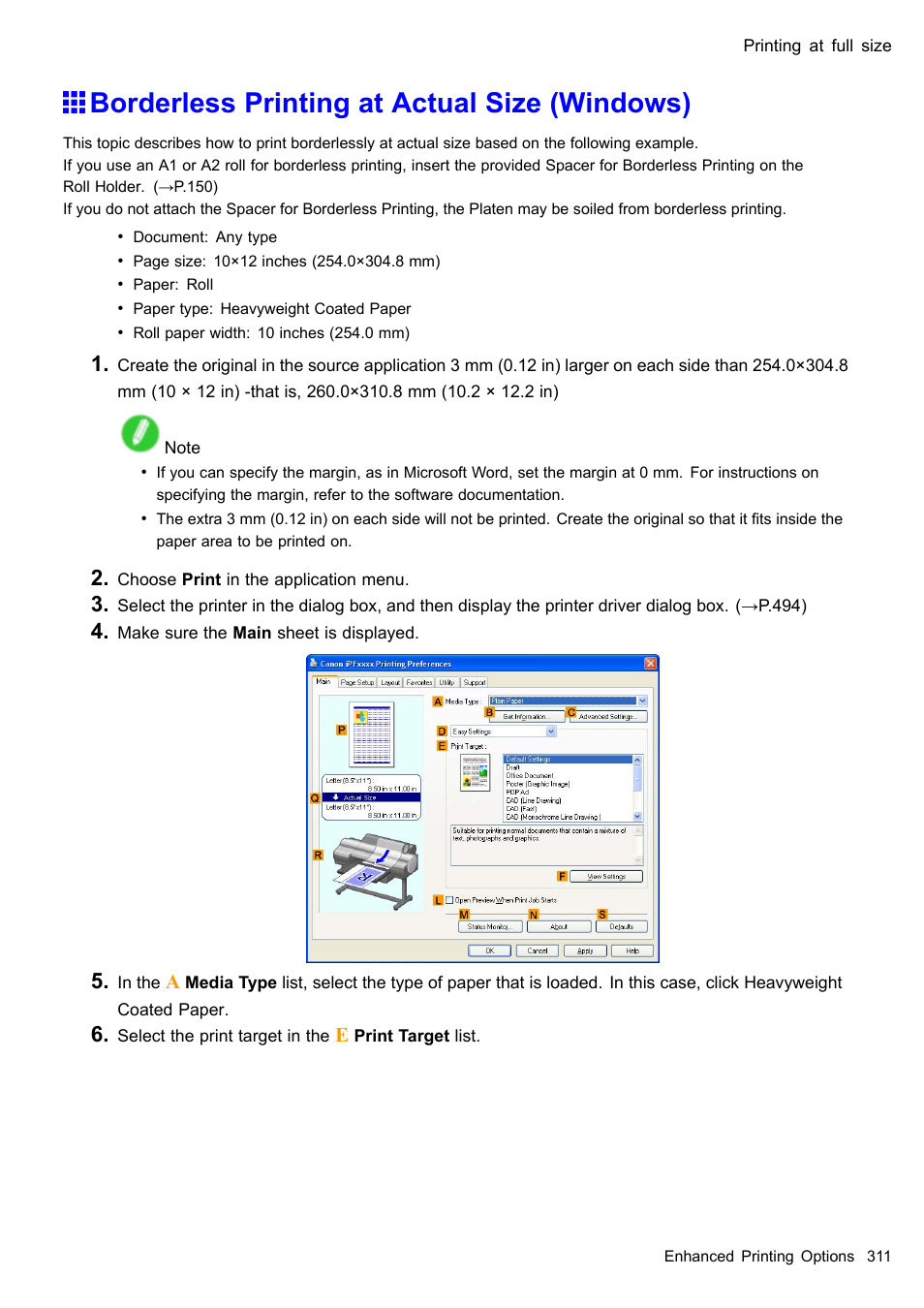 Borderless printing at actual size (windows) | Canon imagePROGRAF iPF610 User Manual | Page 325 / 746
