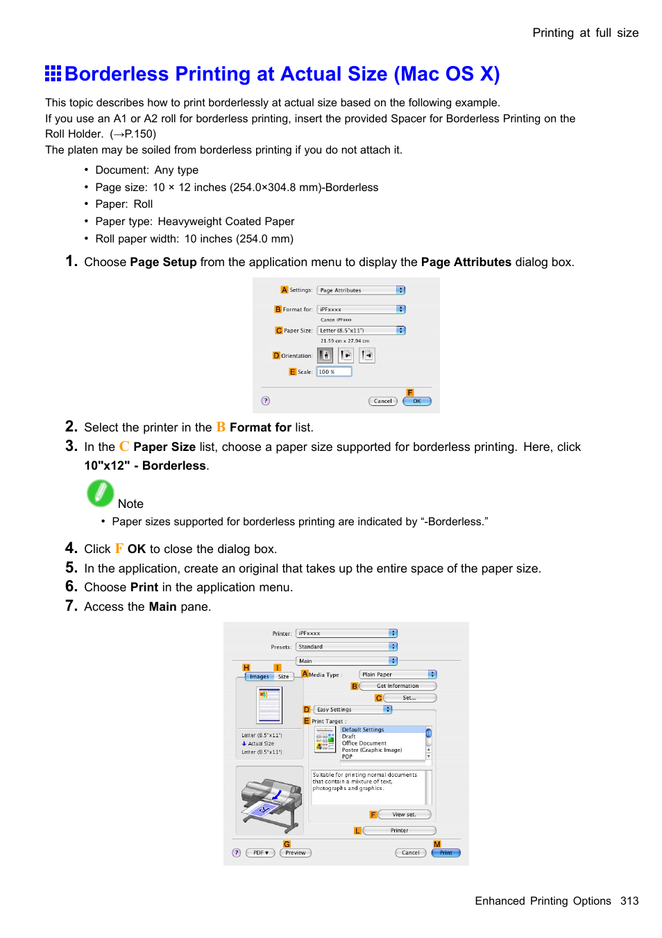 Borderless printing at actual size (mac os x) | Canon imagePROGRAF iPF610 User Manual | Page 327 / 746