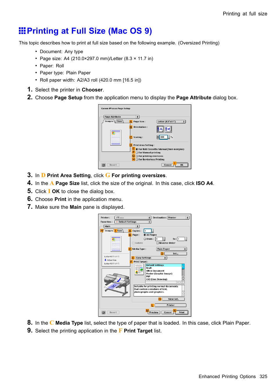 Printing at full size (mac os 9) | Canon imagePROGRAF iPF610 User Manual | Page 339 / 746