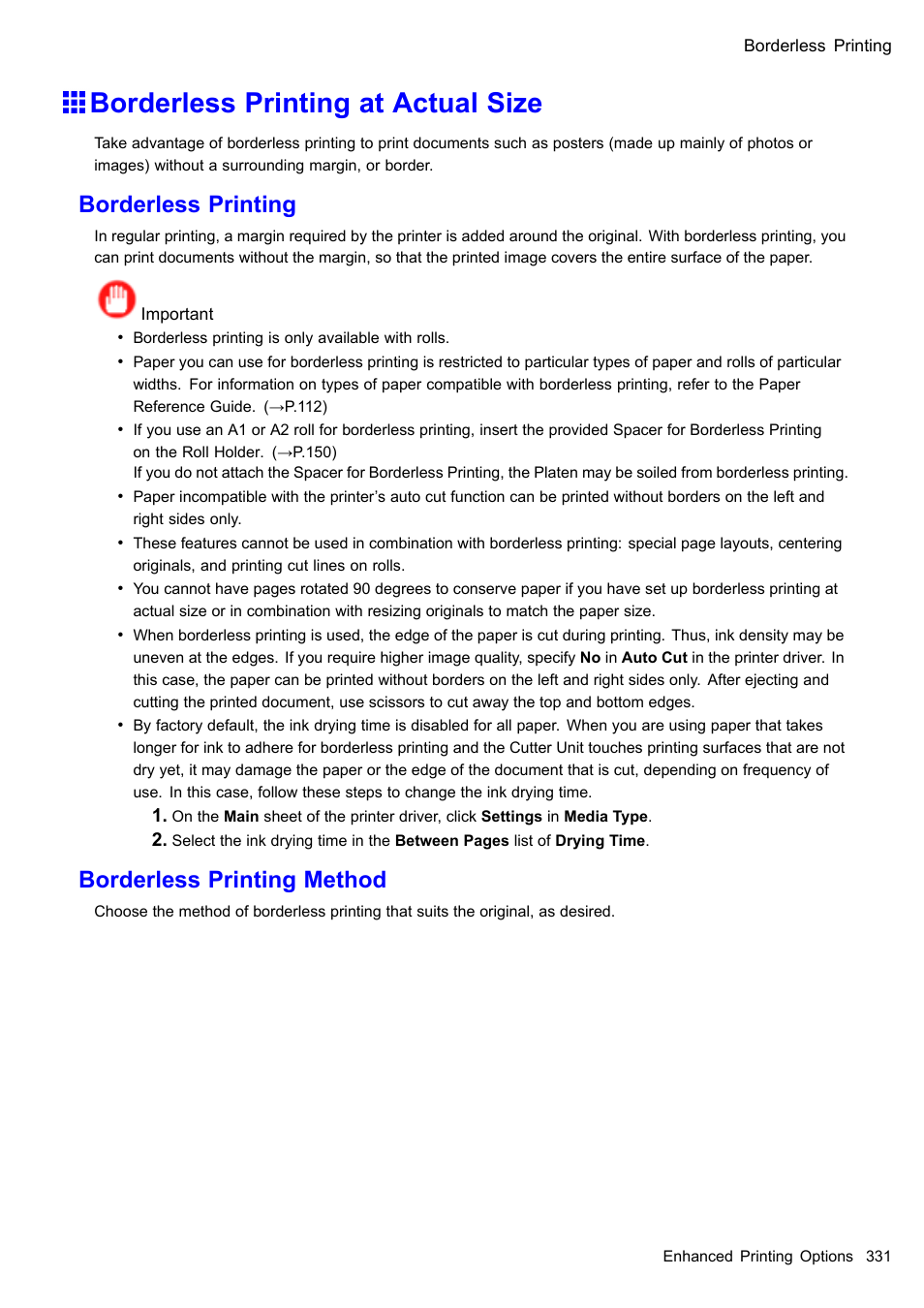 Borderless printing at actual size, Borderless printing, Borderless printing method | Canon imagePROGRAF iPF610 User Manual | Page 345 / 746