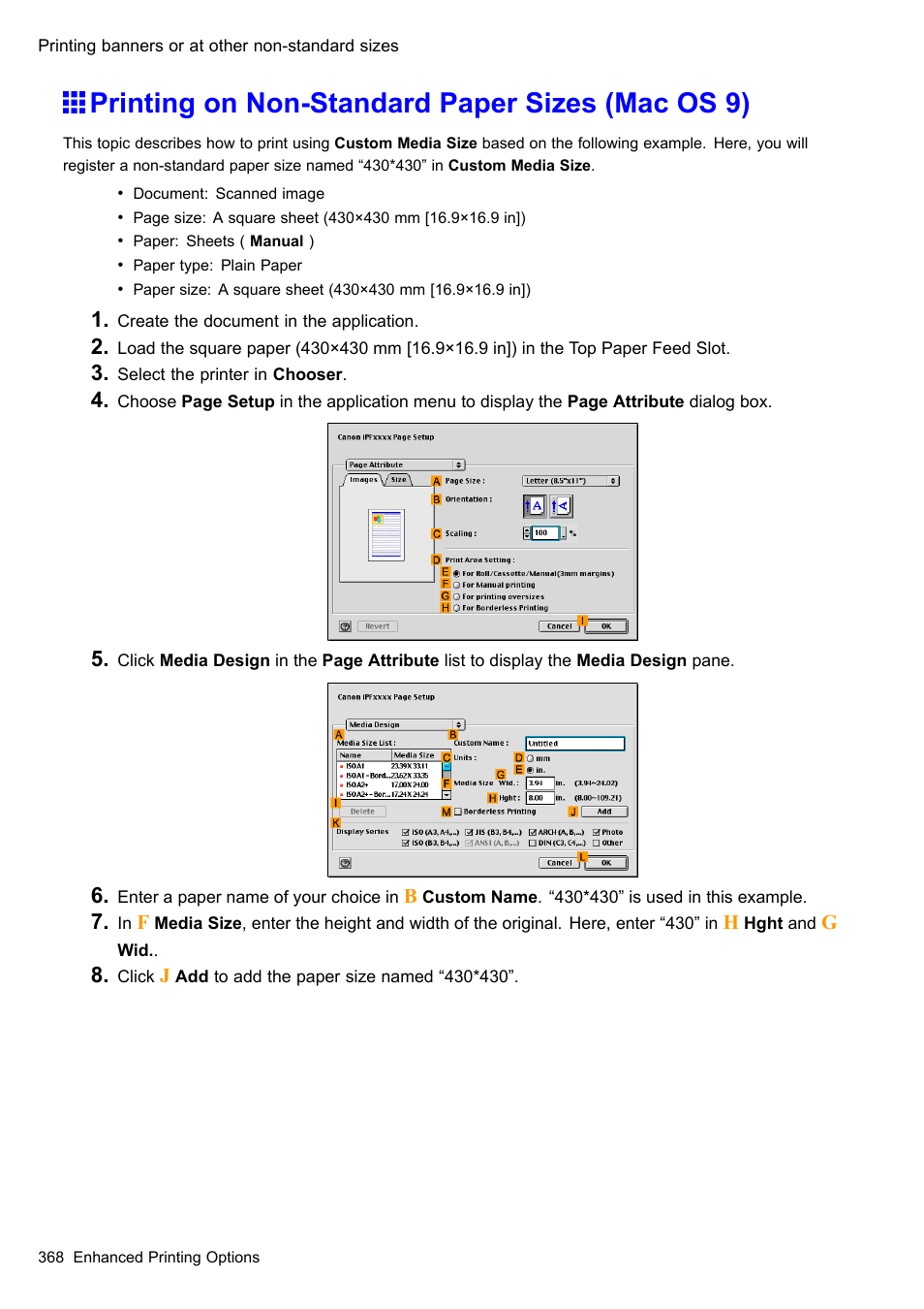 Printing on non-standard paper sizes (mac os 9) | Canon imagePROGRAF iPF610 User Manual | Page 382 / 746