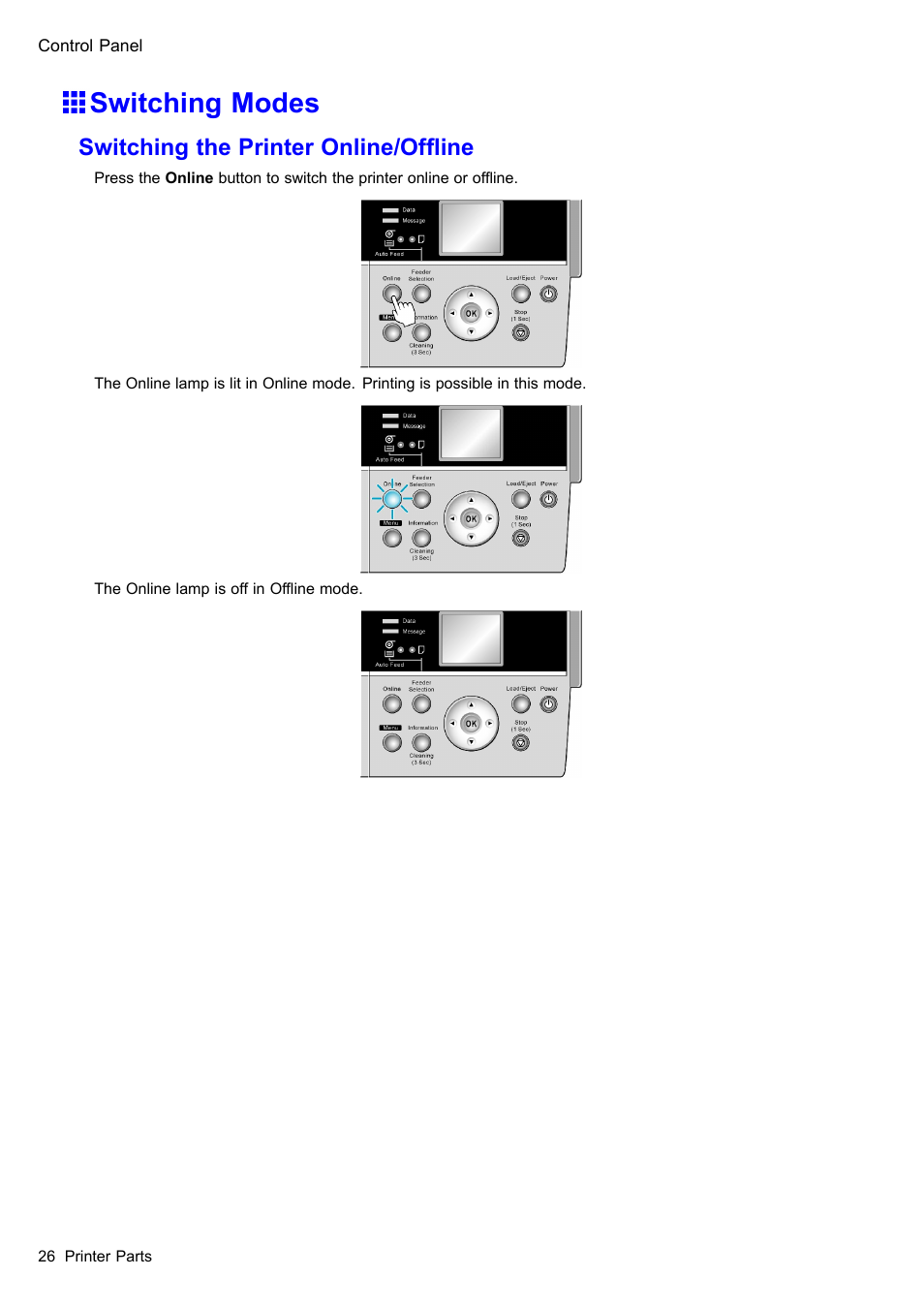 Switching modes, Switching the printer online/ofine | Canon imagePROGRAF iPF610 User Manual | Page 40 / 746
