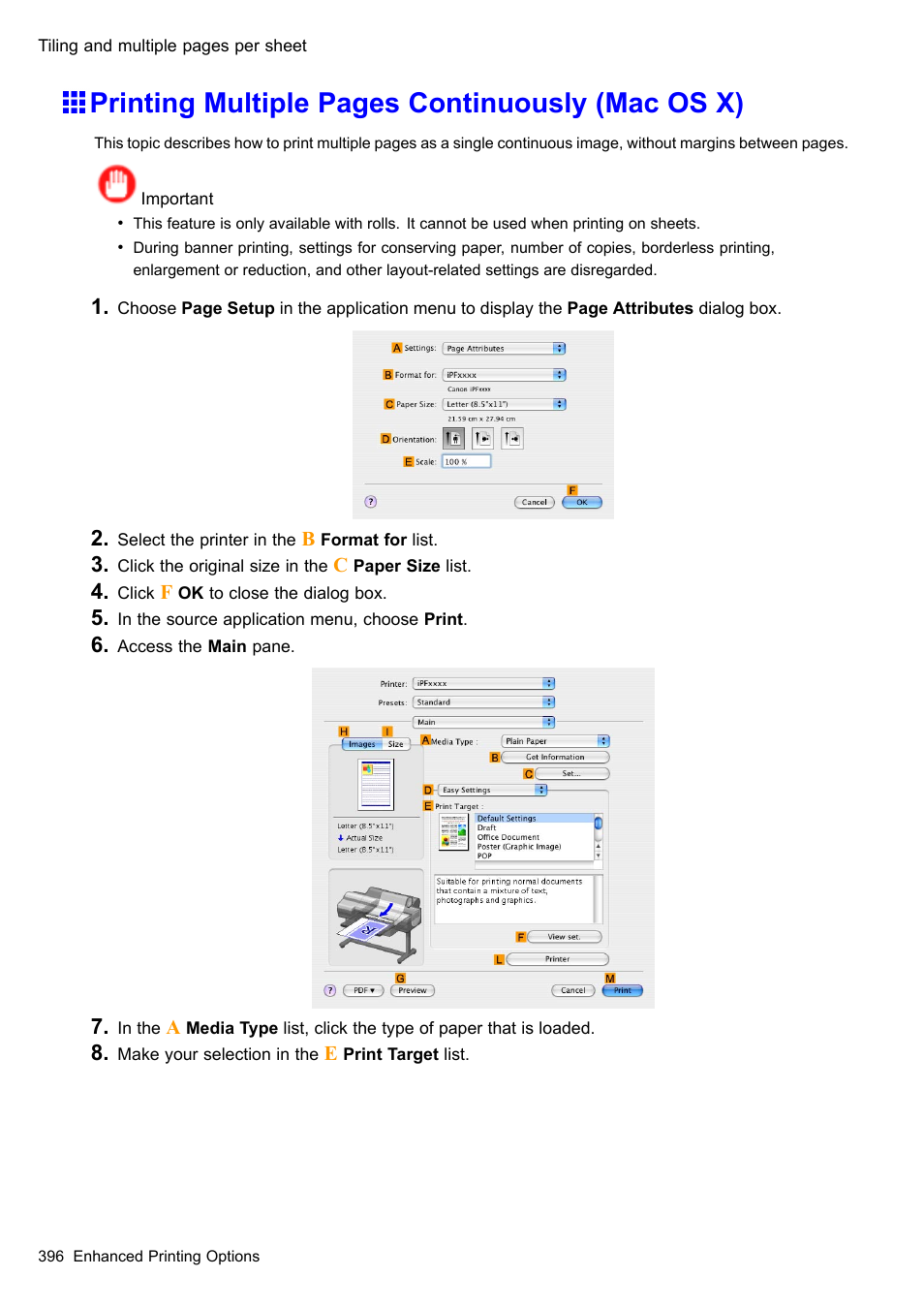 Printing multiple pages continuously (mac os x) | Canon imagePROGRAF iPF610 User Manual | Page 410 / 746