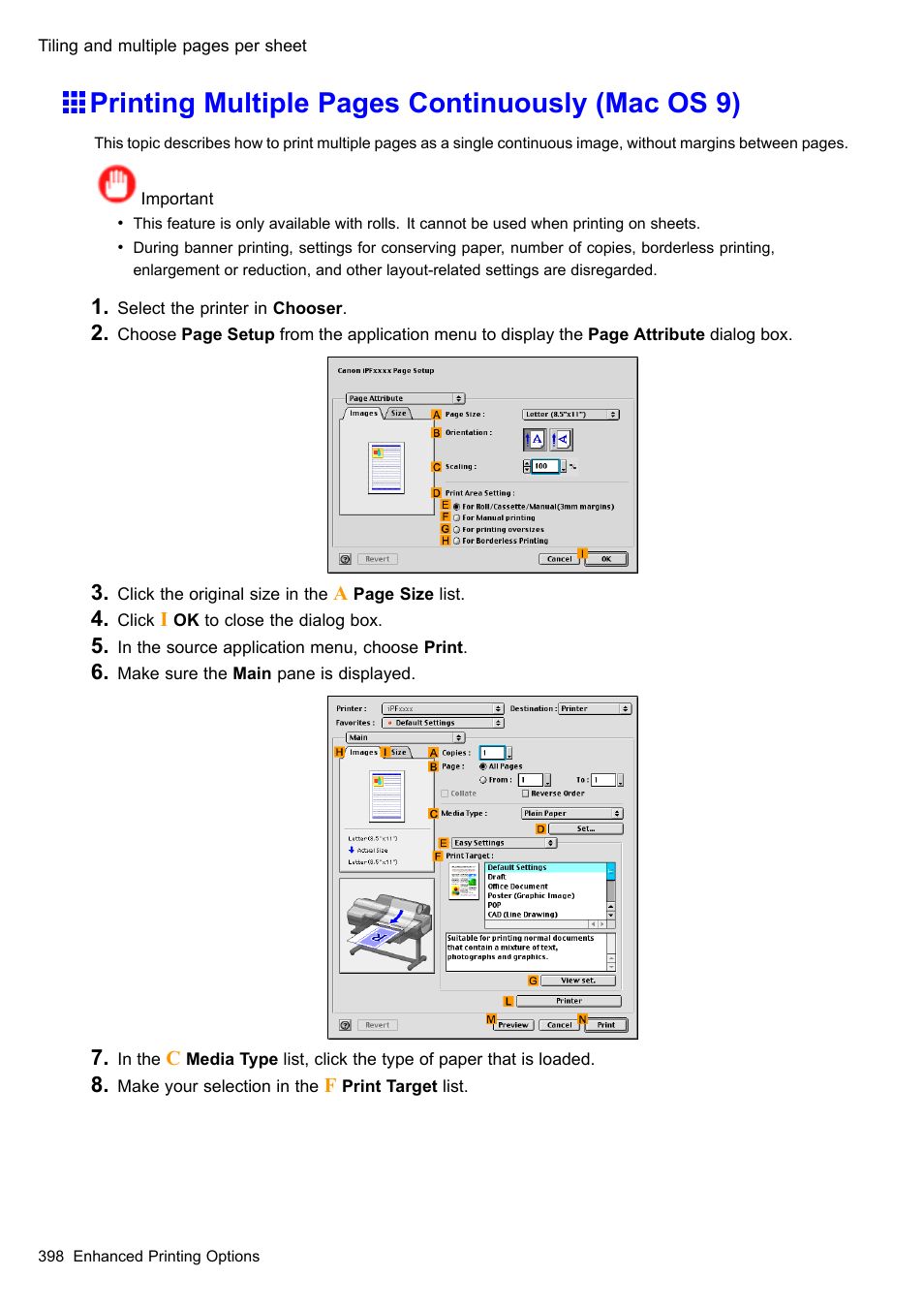 Printing multiple pages continuously (mac os 9) | Canon imagePROGRAF iPF610 User Manual | Page 412 / 746
