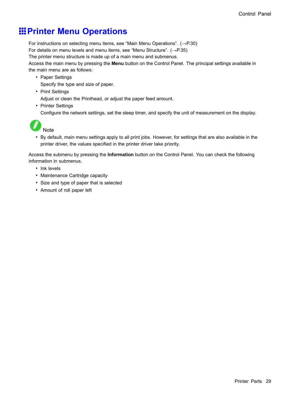 Printer menu operations | Canon imagePROGRAF iPF610 User Manual | Page 43 / 746