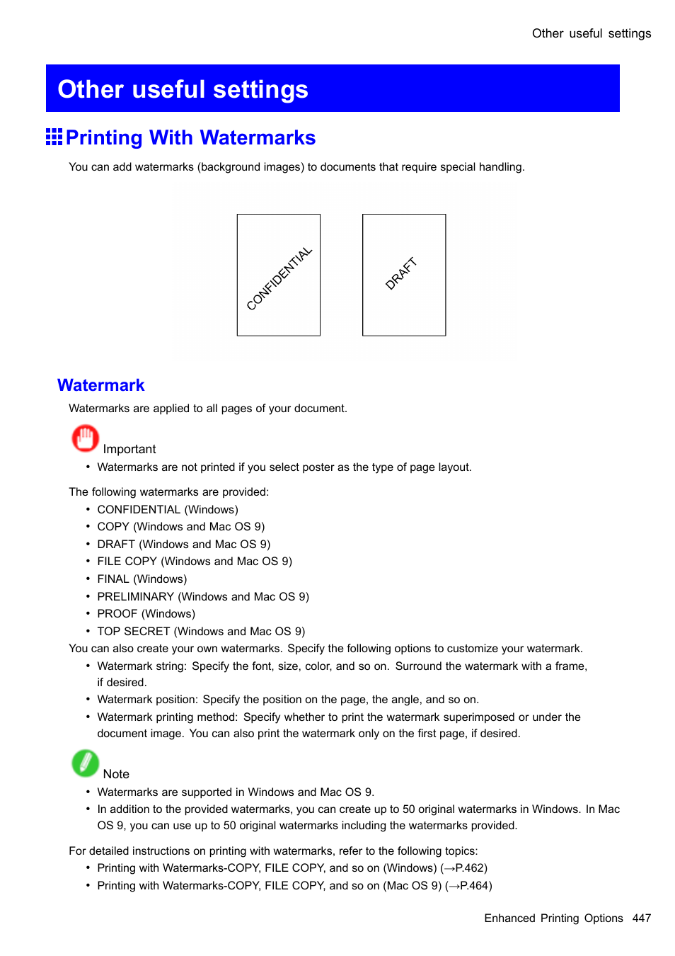 Other useful settings, Printing with watermarks, Watermark | Canon imagePROGRAF iPF610 User Manual | Page 461 / 746