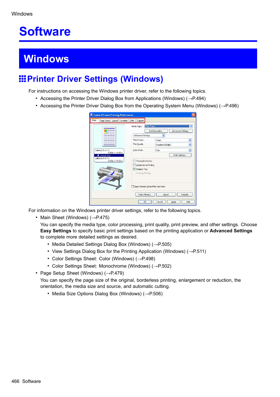 Software, Windows, Printer driver settings (windows) | Canon imagePROGRAF iPF610 User Manual | Page 480 / 746