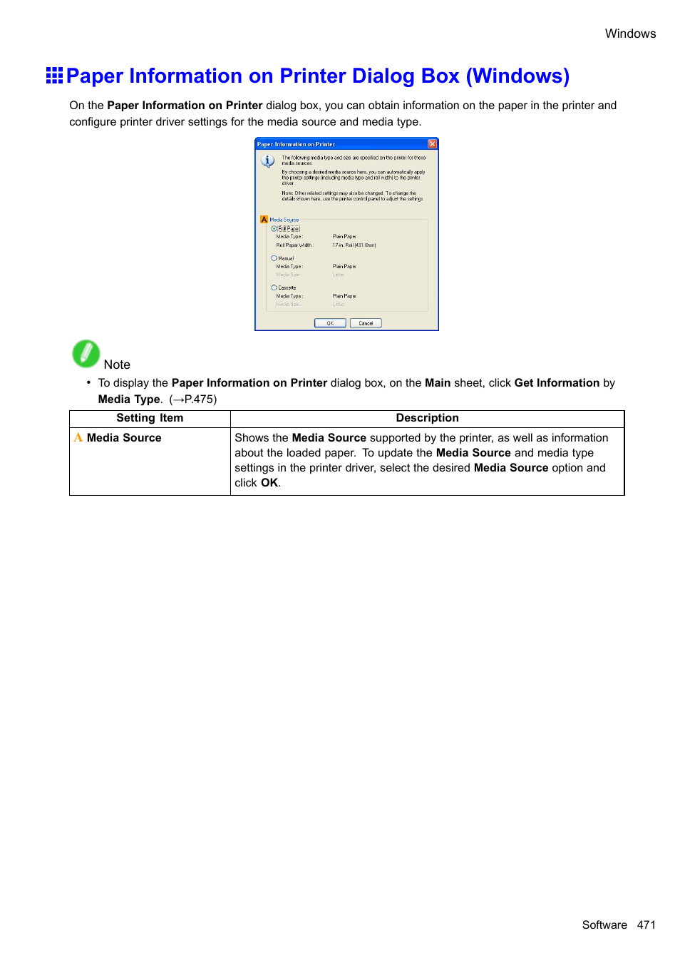 Paper information on printer dialog box (windows) | Canon imagePROGRAF iPF610 User Manual | Page 485 / 746