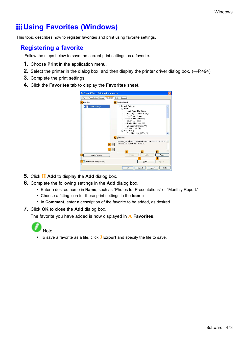Using favorites (windows), Registering a favorite | Canon imagePROGRAF iPF610 User Manual | Page 487 / 746