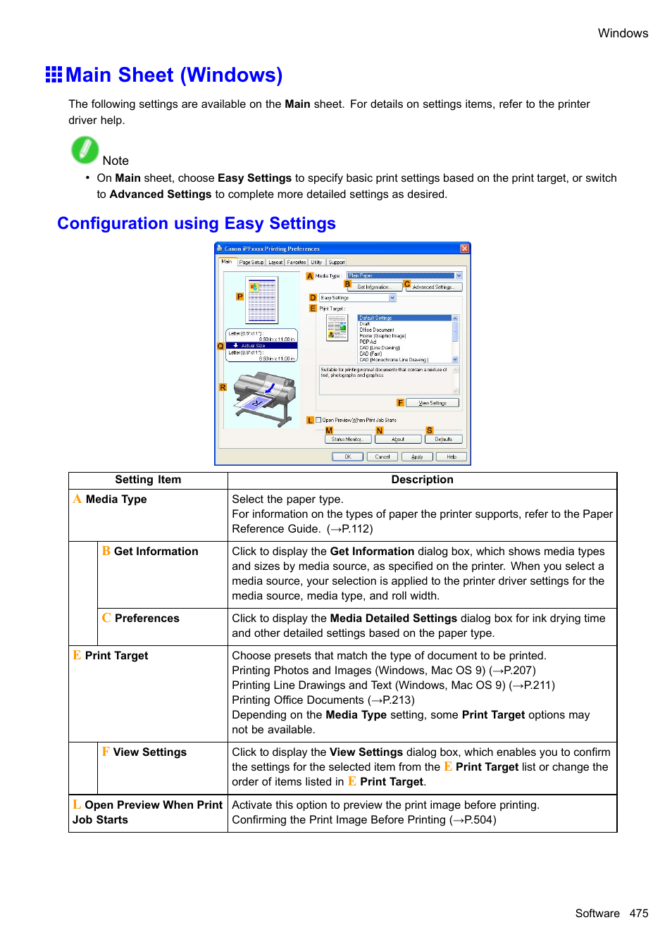Main sheet (windows), Conguration using easy settings | Canon imagePROGRAF iPF610 User Manual | Page 489 / 746