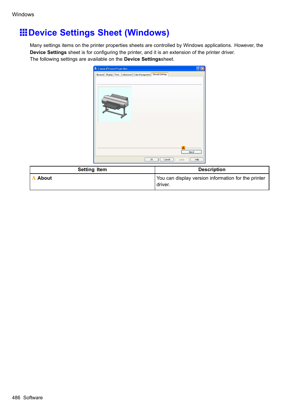 Device settings sheet (windows) | Canon imagePROGRAF iPF610 User Manual | Page 500 / 746