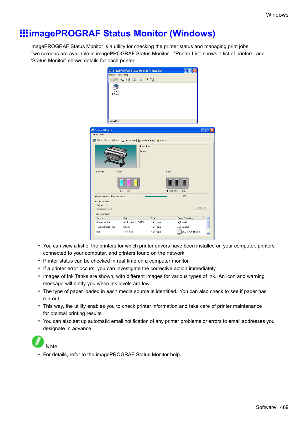 Imageprograf status monitor (windows) | Canon imagePROGRAF iPF610 User Manual | Page 503 / 746