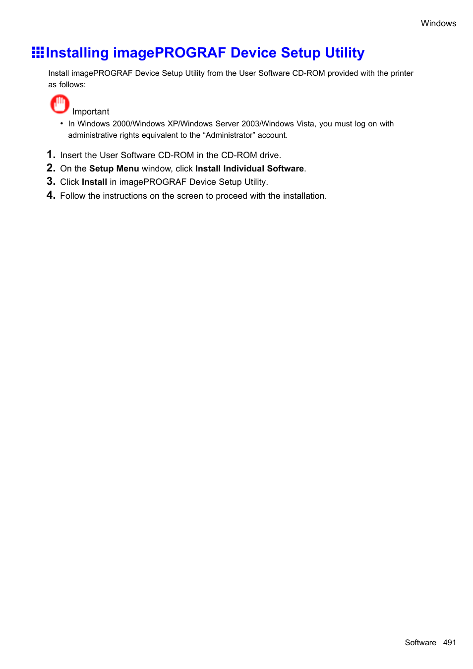 Installing imageprograf device setup utility | Canon imagePROGRAF iPF610 User Manual | Page 505 / 746