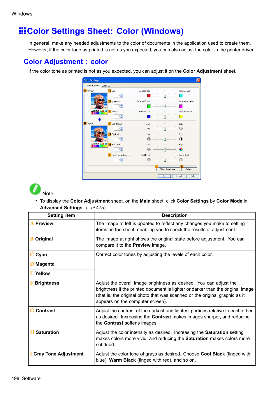 Color settings sheet: color (windows), Color adjustment : color | Canon imagePROGRAF iPF610 User Manual | Page 512 / 746