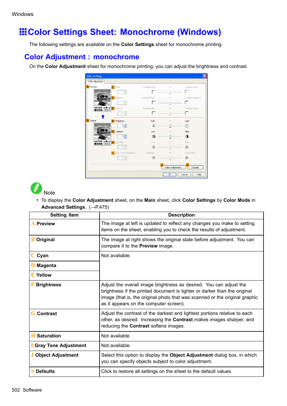 Color settings sheet: monochrome (windows), Color adjustment : monochrome | Canon imagePROGRAF iPF610 User Manual | Page 516 / 746