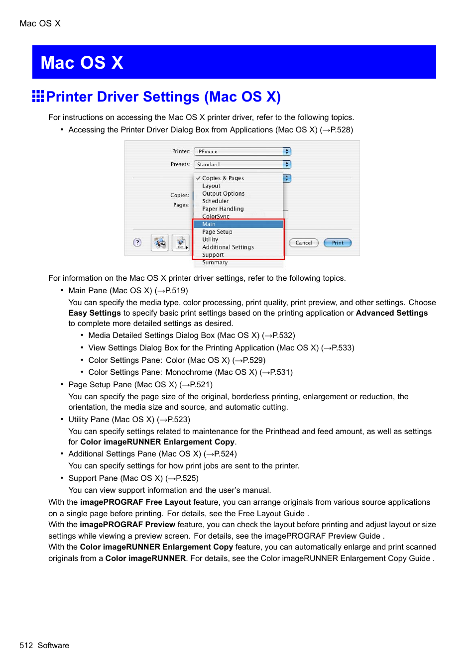 Mac os x, Printer driver settings (mac os x) | Canon imagePROGRAF iPF610 User Manual | Page 526 / 746