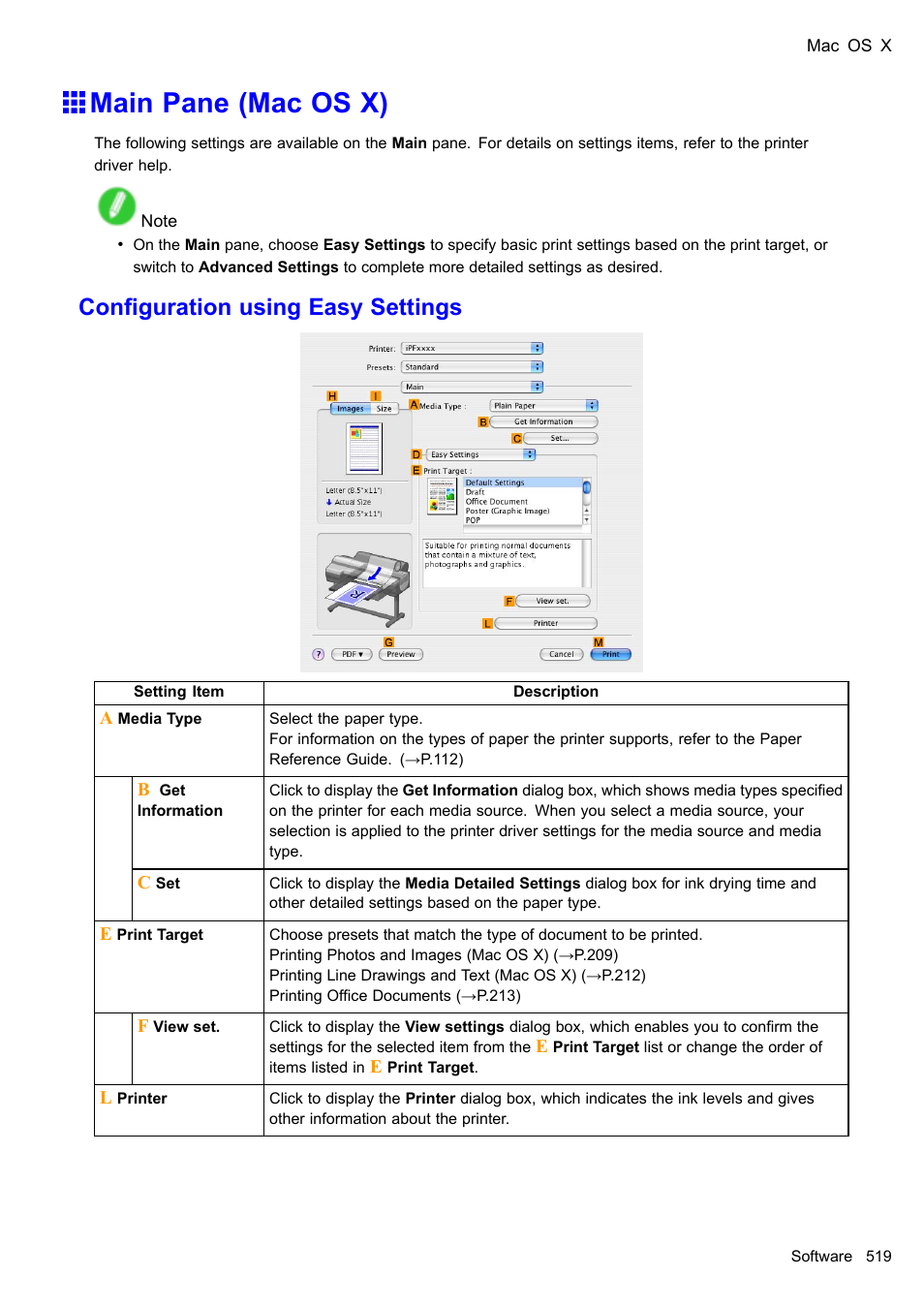 Main pane (mac os x), Conguration using easy settings | Canon imagePROGRAF iPF610 User Manual | Page 533 / 746