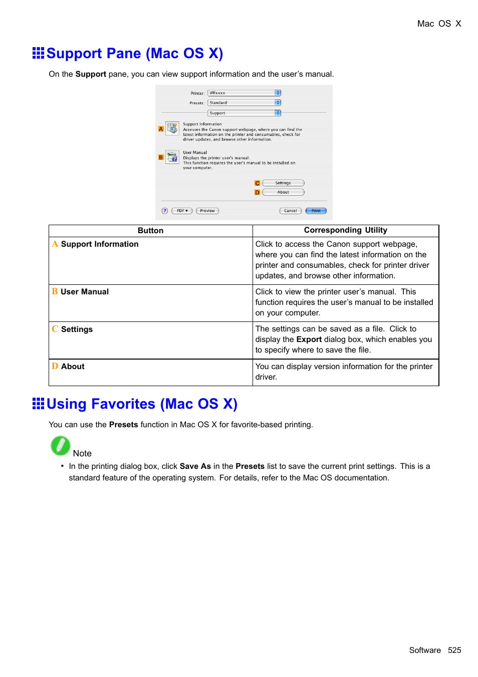 Support pane (mac os x), Using favorites (mac os x) | Canon imagePROGRAF iPF610 User Manual | Page 539 / 746