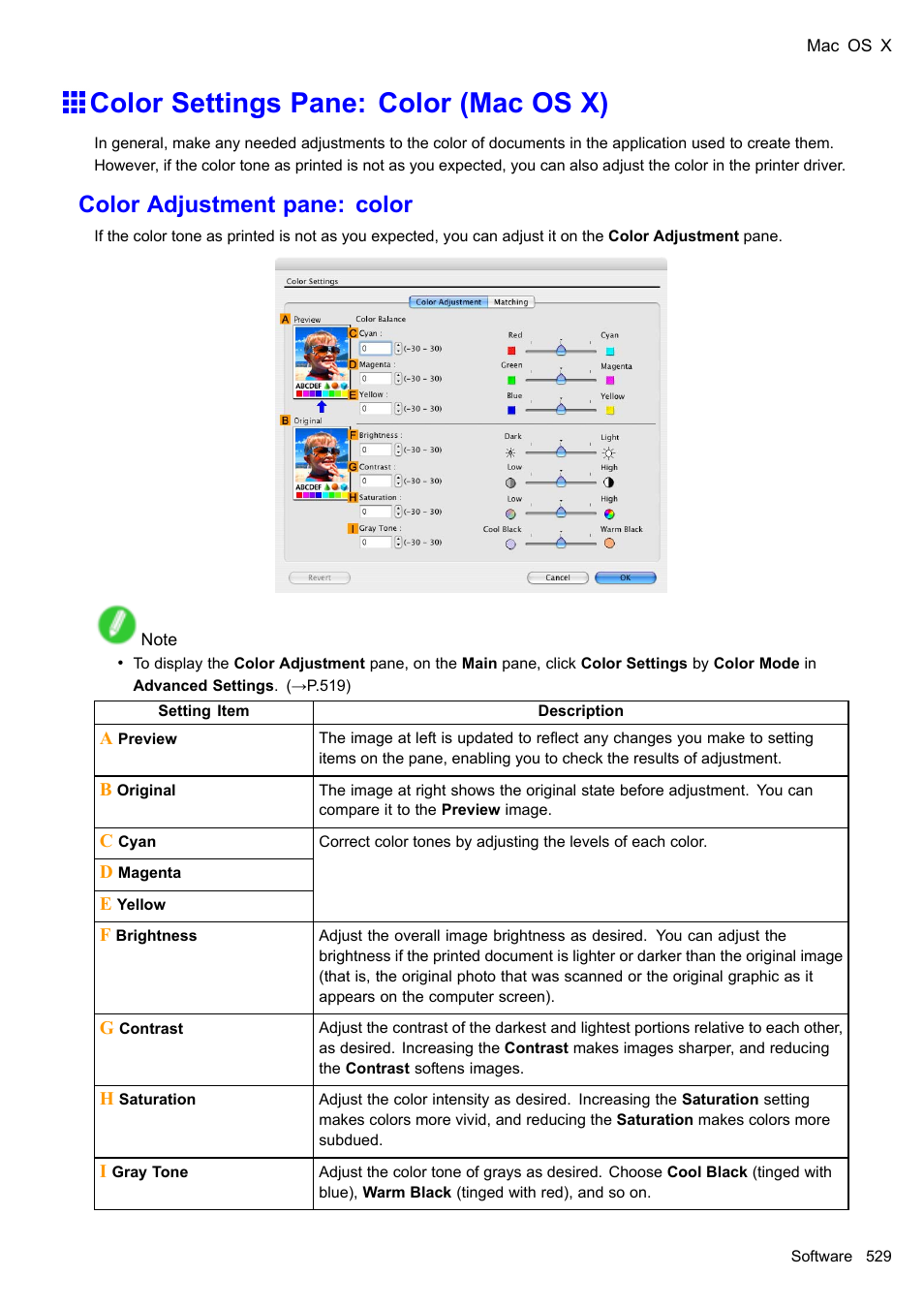 Color settings pane: color (mac os x), Color adjustment pane: color | Canon imagePROGRAF iPF610 User Manual | Page 543 / 746
