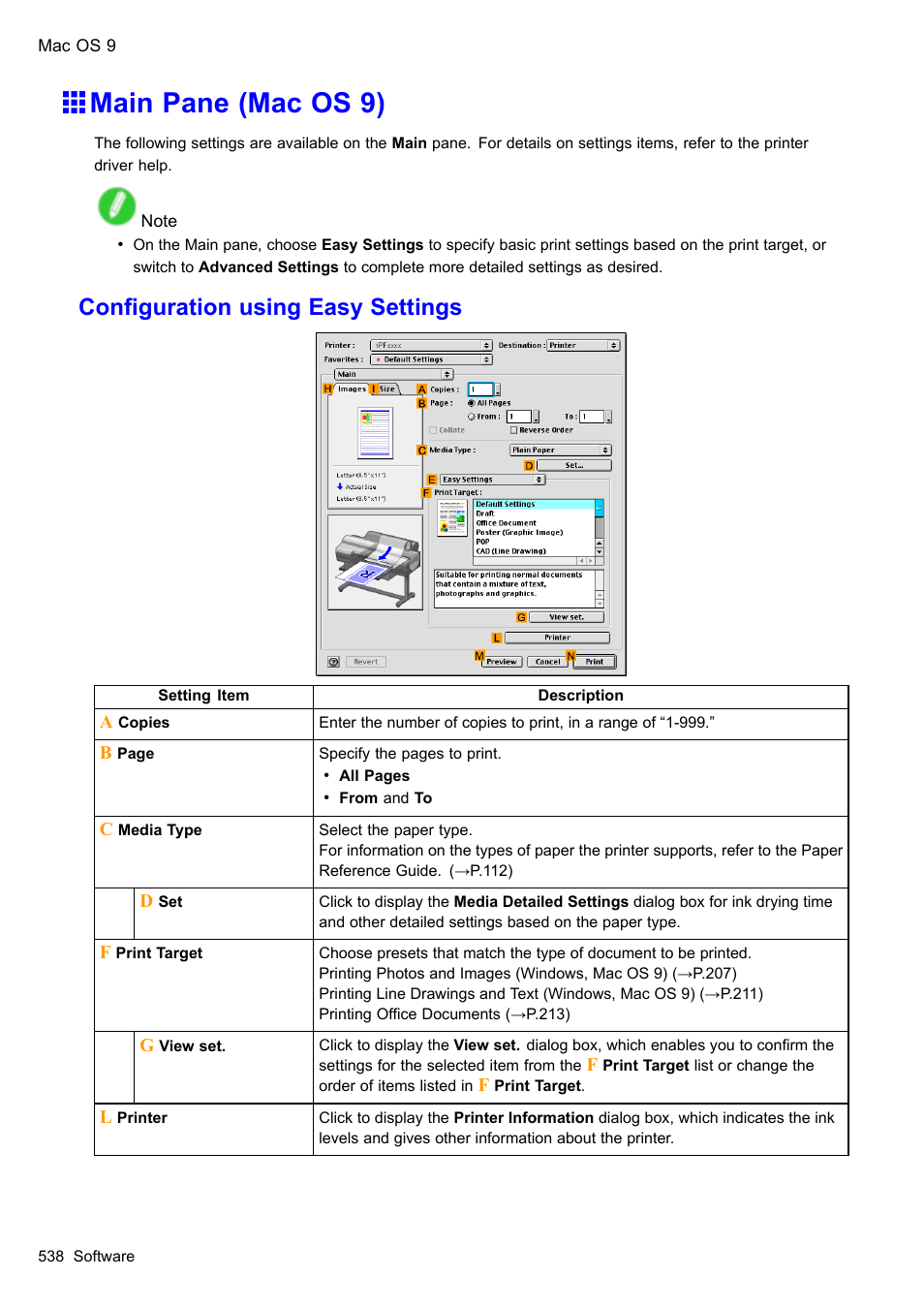 Main pane (mac os 9), Conguration using easy settings | Canon imagePROGRAF iPF610 User Manual | Page 552 / 746