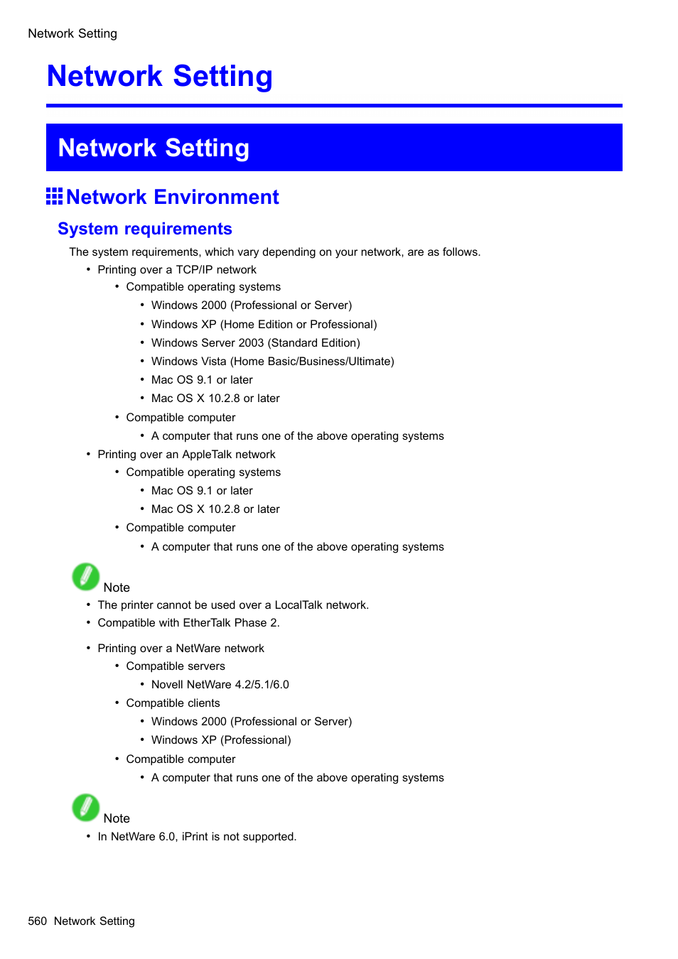 Network setting, Network environment, System requirements | Canon imagePROGRAF iPF610 User Manual | Page 574 / 746