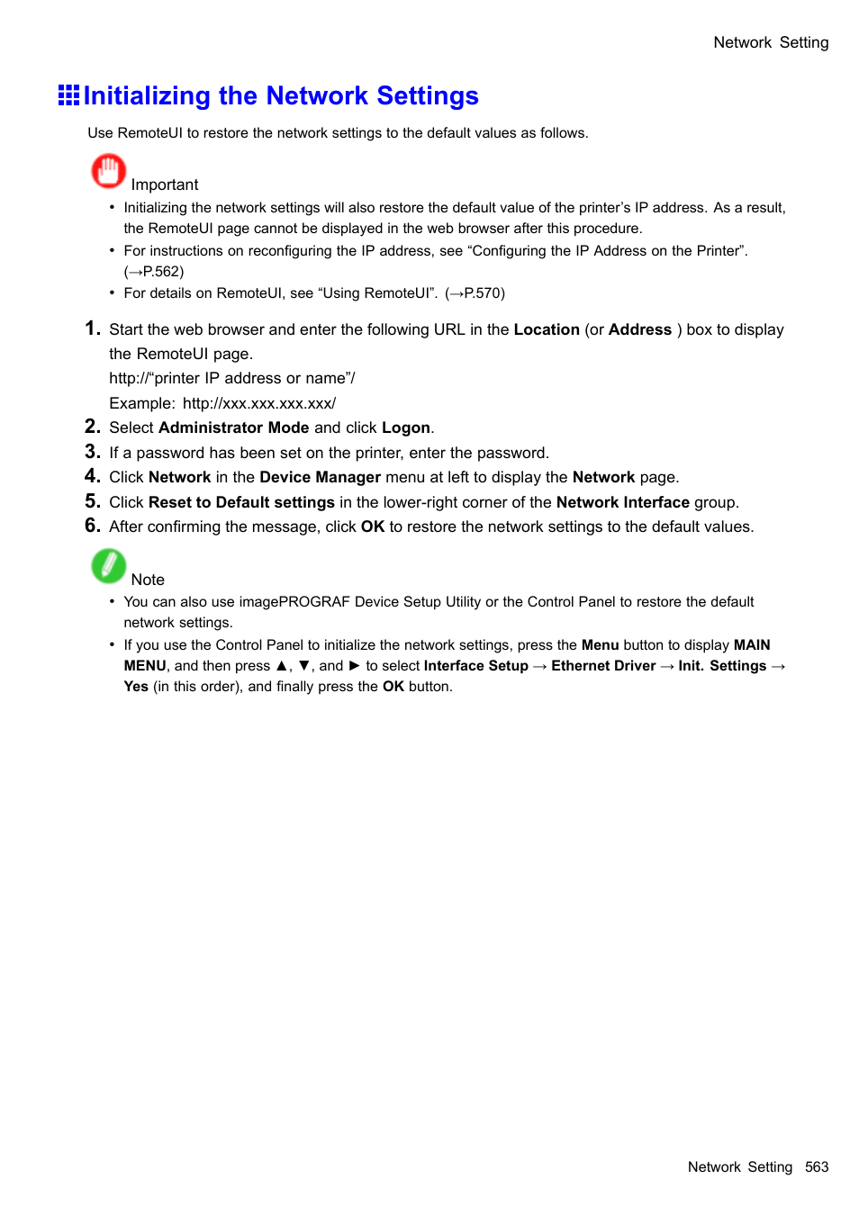 Initializing the network settings | Canon imagePROGRAF iPF610 User Manual | Page 577 / 746