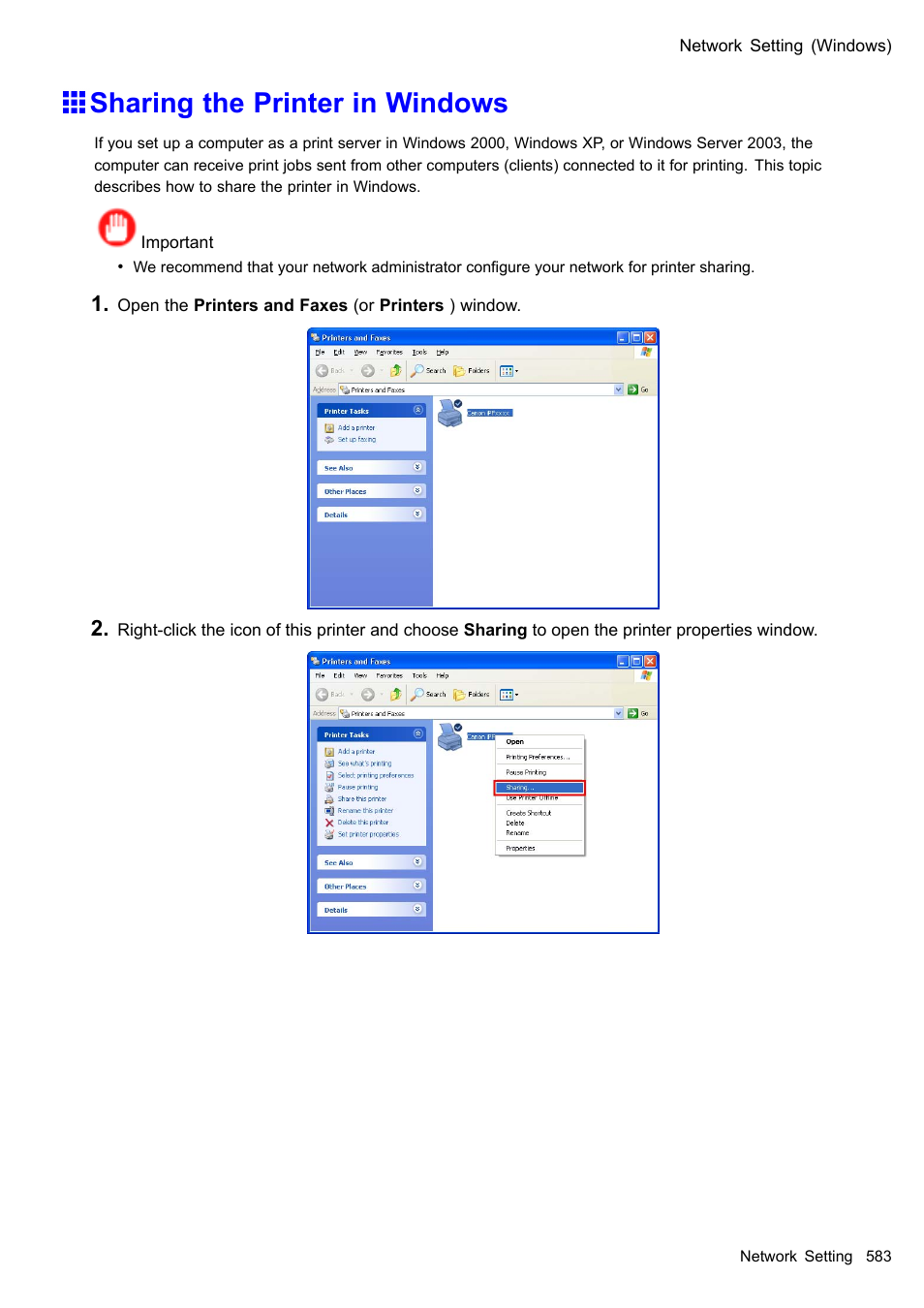 Sharing the printer in windows | Canon imagePROGRAF iPF610 User Manual | Page 597 / 746