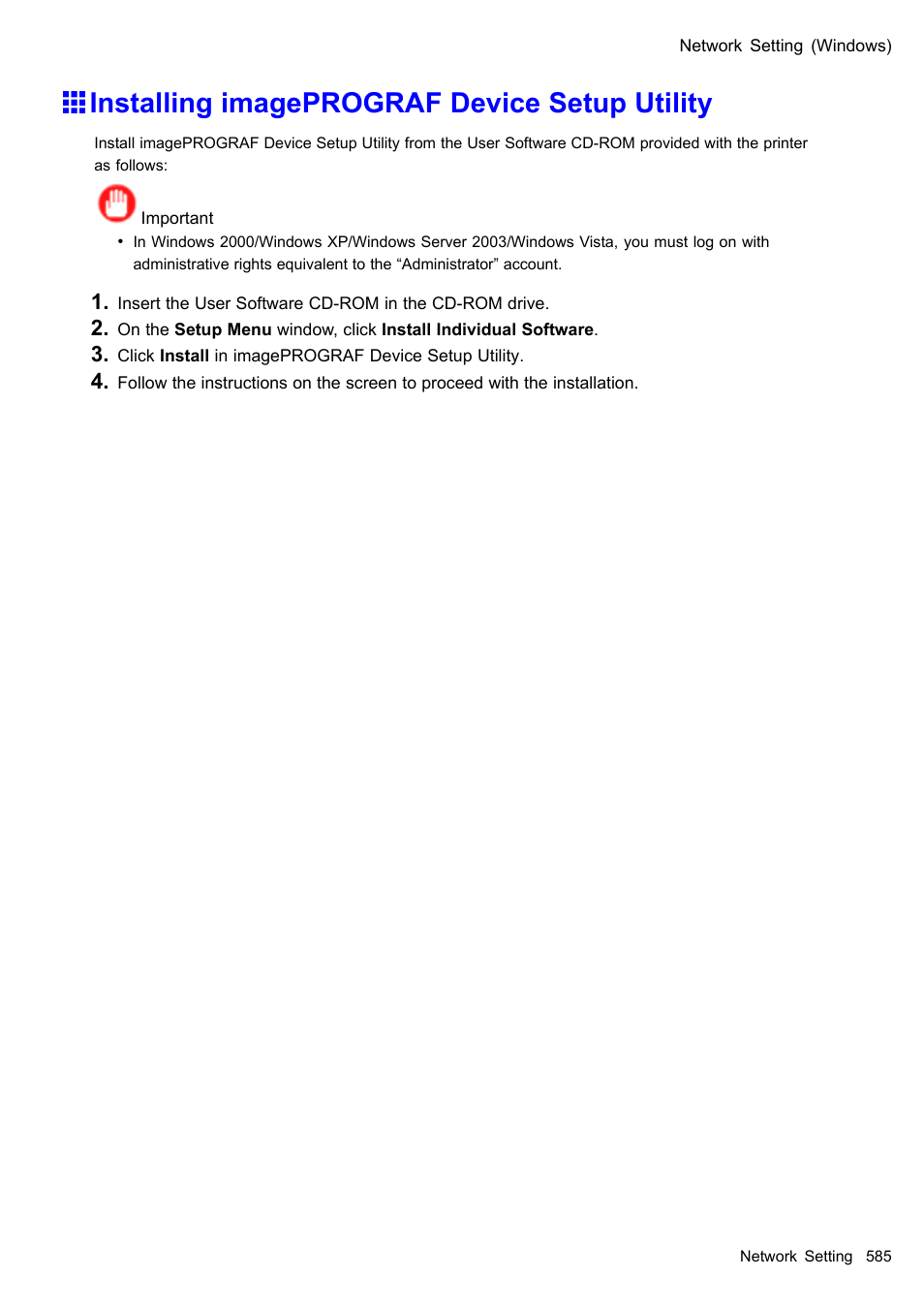 Installing imageprograf device setup utility | Canon imagePROGRAF iPF610 User Manual | Page 599 / 746