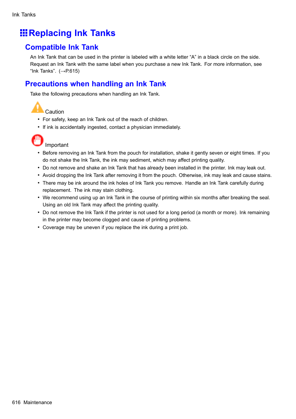 Replacing ink tanks, Compatible ink tank, Precautions when handling an ink tank | Canon imagePROGRAF iPF610 User Manual | Page 630 / 746