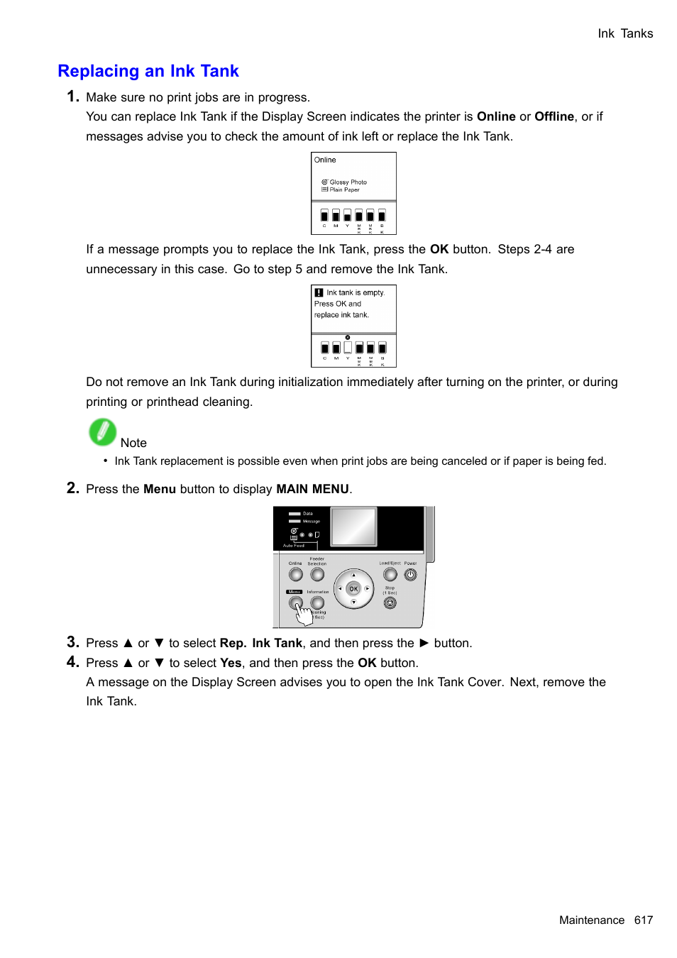 Replacing an ink tank | Canon imagePROGRAF iPF610 User Manual | Page 631 / 746