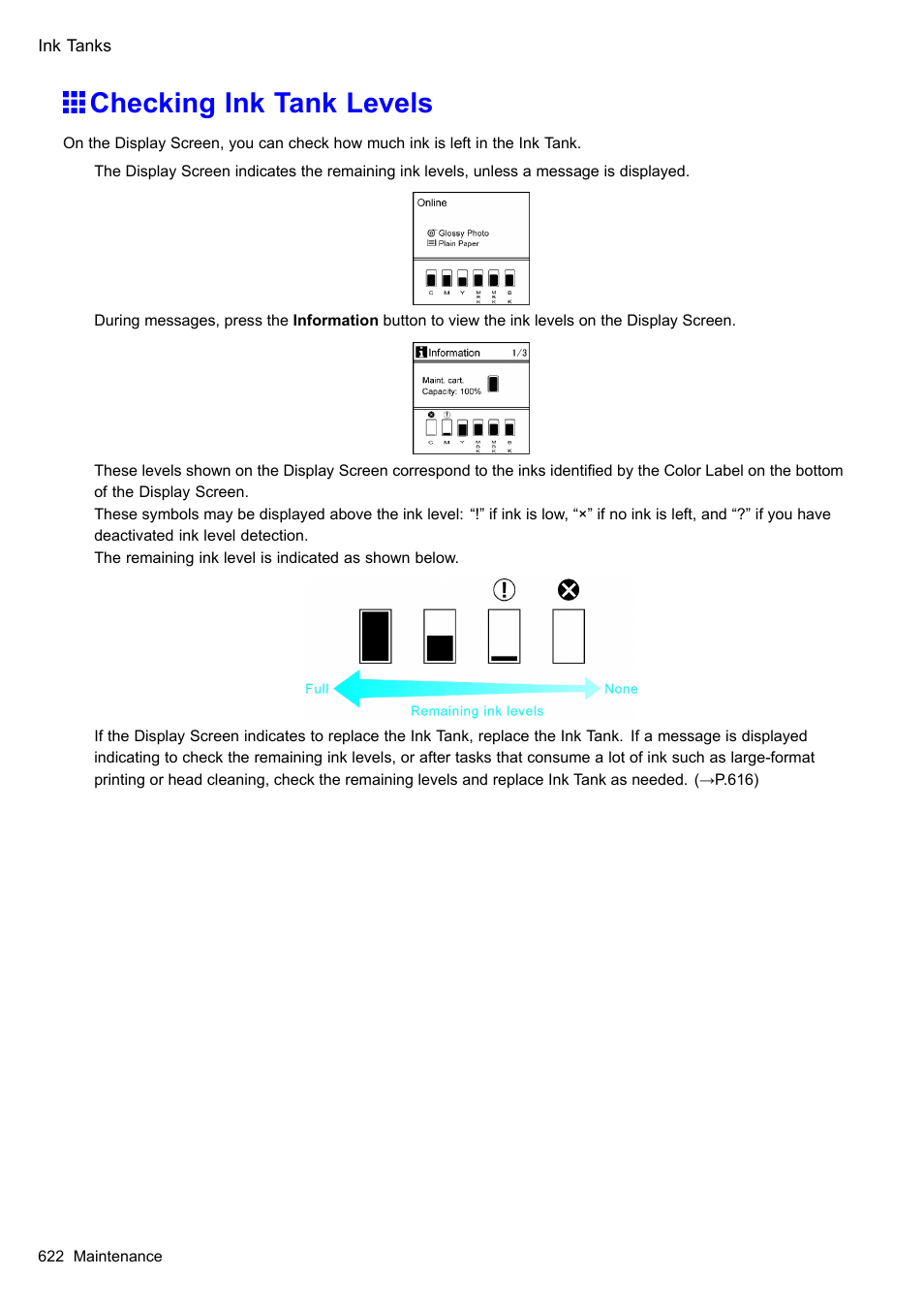 Checking ink tank levels | Canon imagePROGRAF iPF610 User Manual | Page 636 / 746