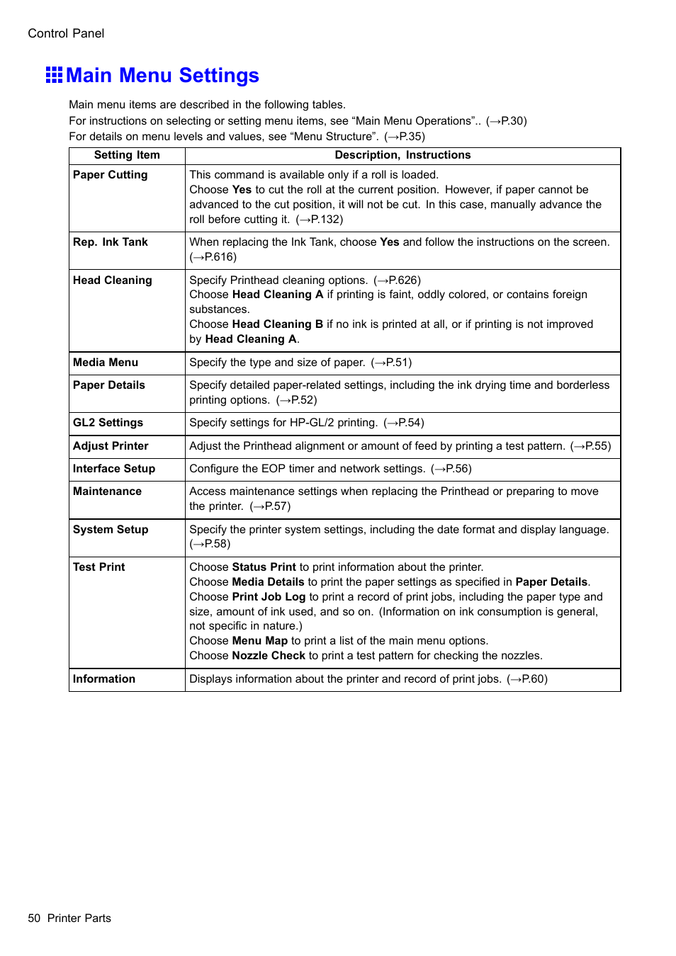 Main menu settings | Canon imagePROGRAF iPF610 User Manual | Page 64 / 746
