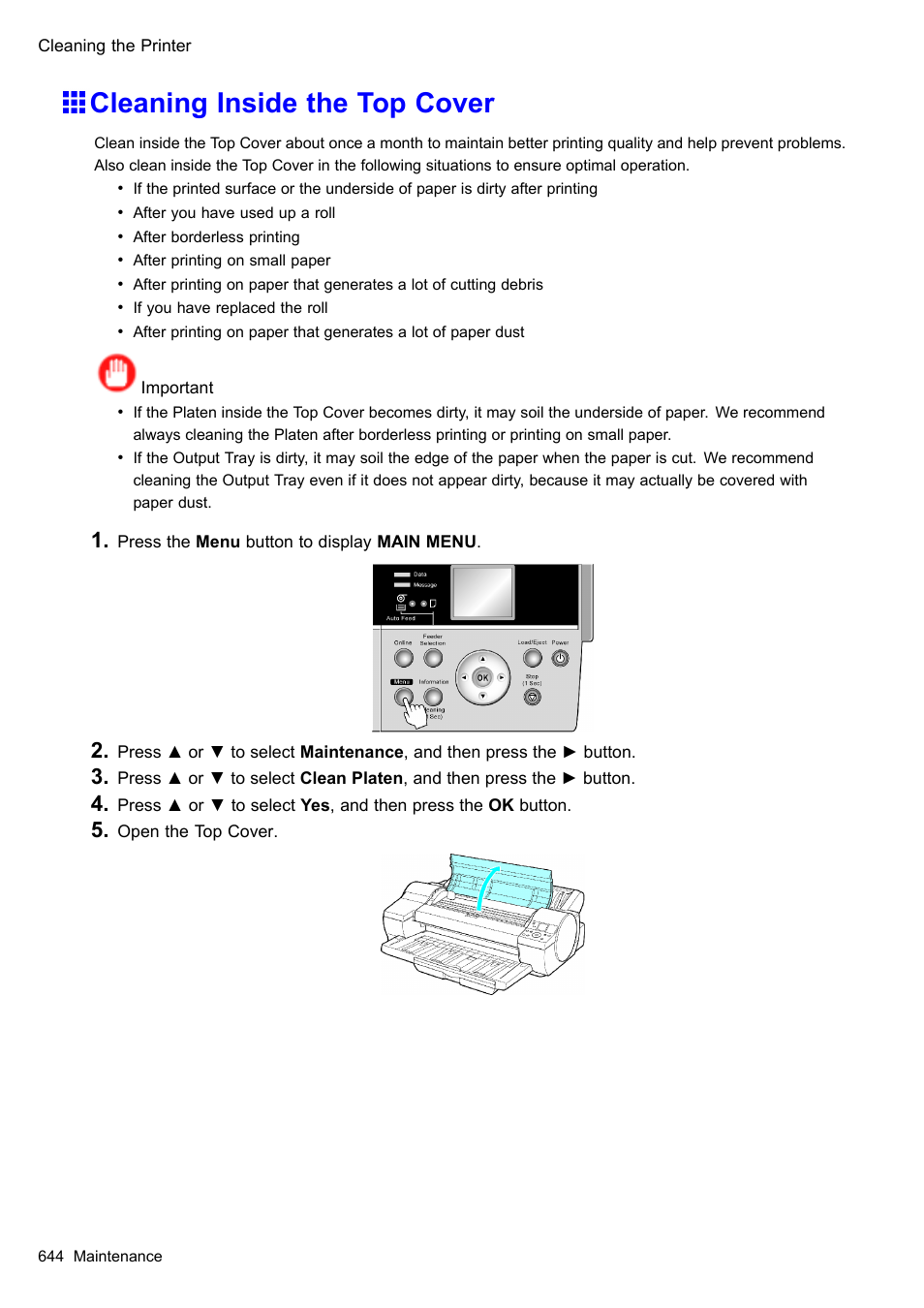 Cleaning inside the top cover | Canon imagePROGRAF iPF610 User Manual | Page 658 / 746