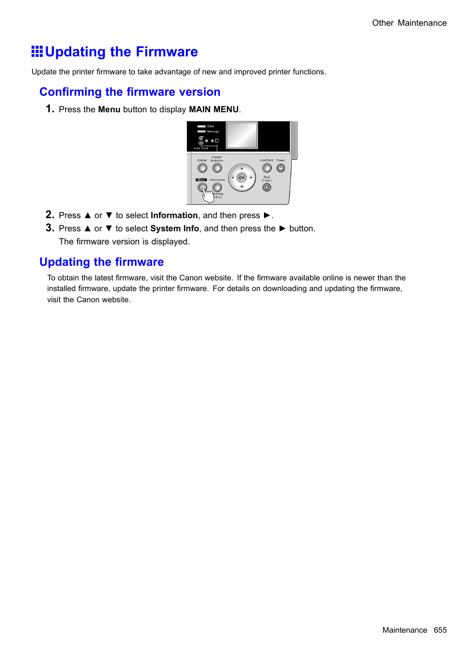 Updating the firmware, Conrming the rmware version, Updating the rmware | Canon imagePROGRAF iPF610 User Manual | Page 669 / 746